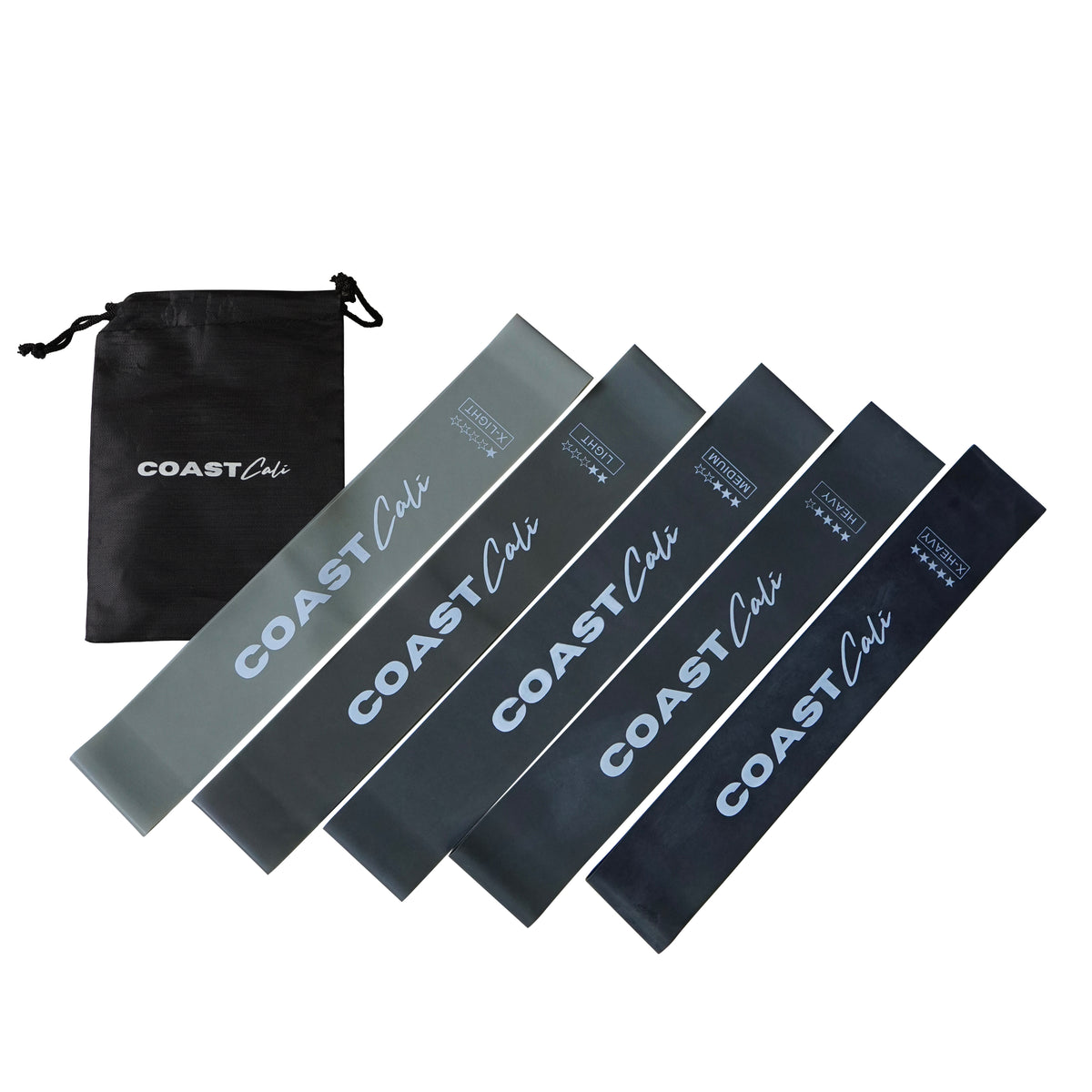 A set of grey mini resistance bands with varying resistance levels, labeled with the brand name 'COAST Cali', along with a black carrying pouch.