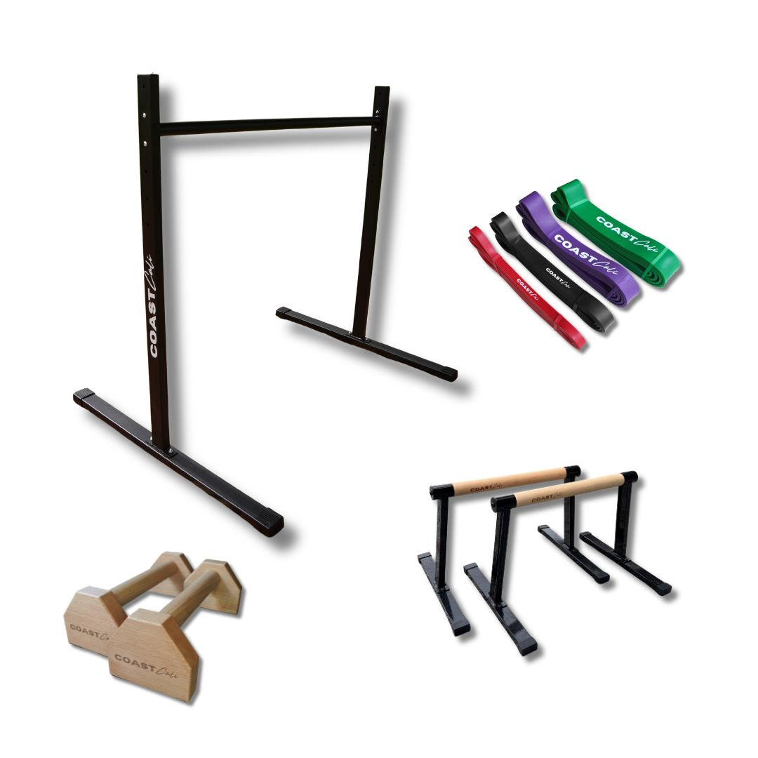 Set of exercise equipment including a static bar, resistance bands, and parallettes on a white background.
