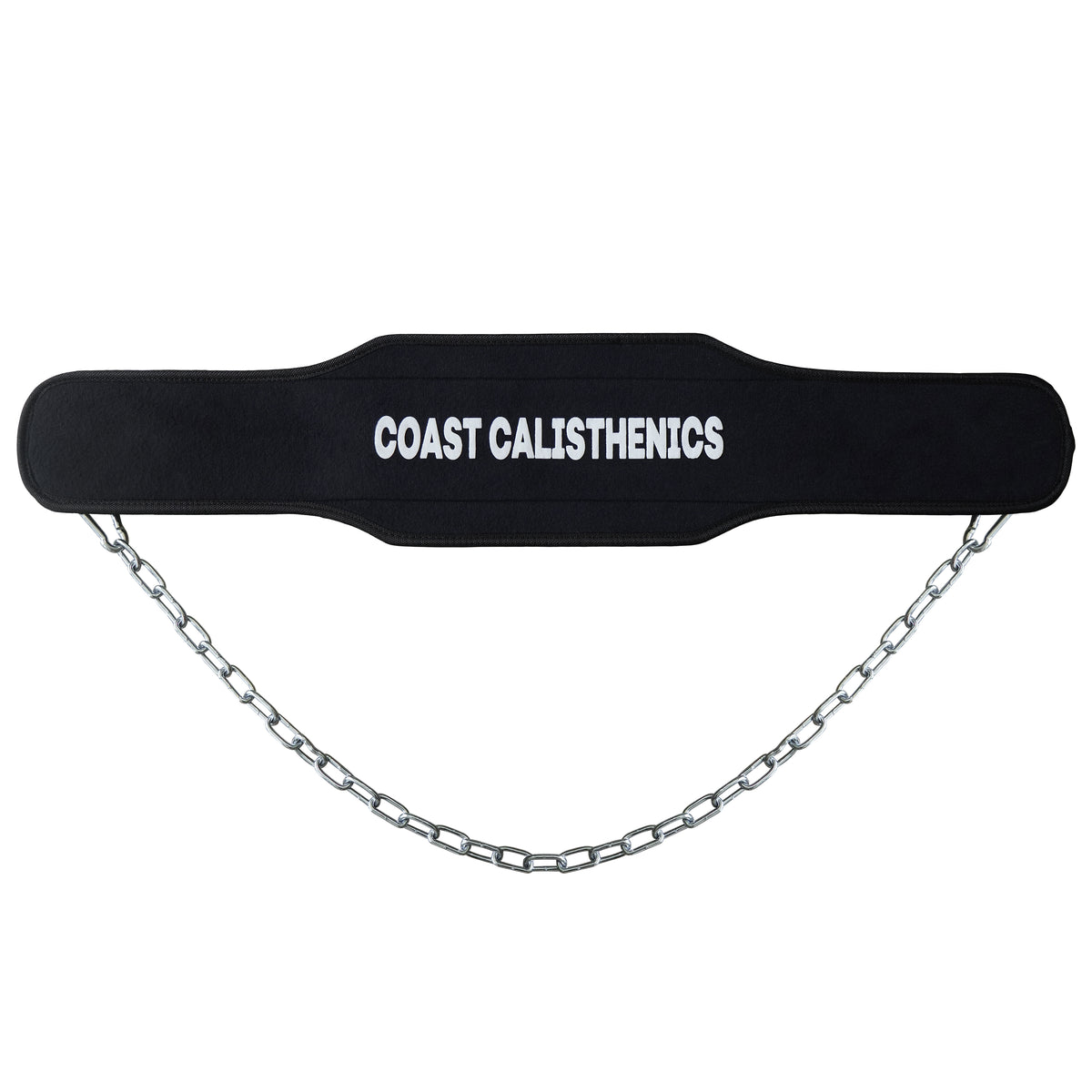 A black dip belt with a metal chain attached to it with the company name 'coast calisthenics', designed for bodyweight exercises