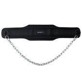 A black dip belt with a metal chain attached to it, designed for bodyweight exercises.