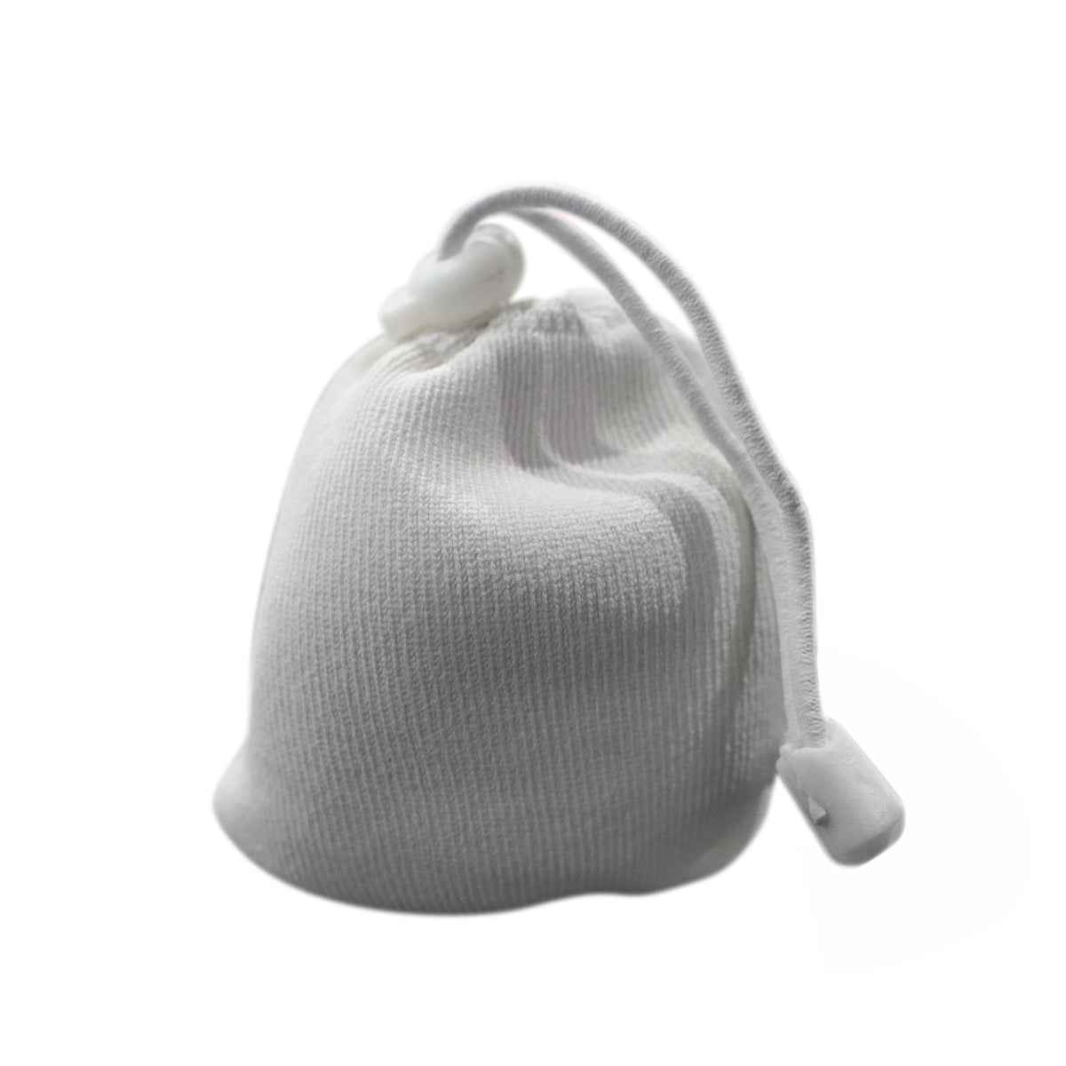 A white chalk ball with a drawstring, designed for use in weightlifting, rock climbing, and gymnastics to enhance grip.