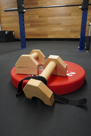 A pair of wooden travel parallettes in the gym on a weight plate